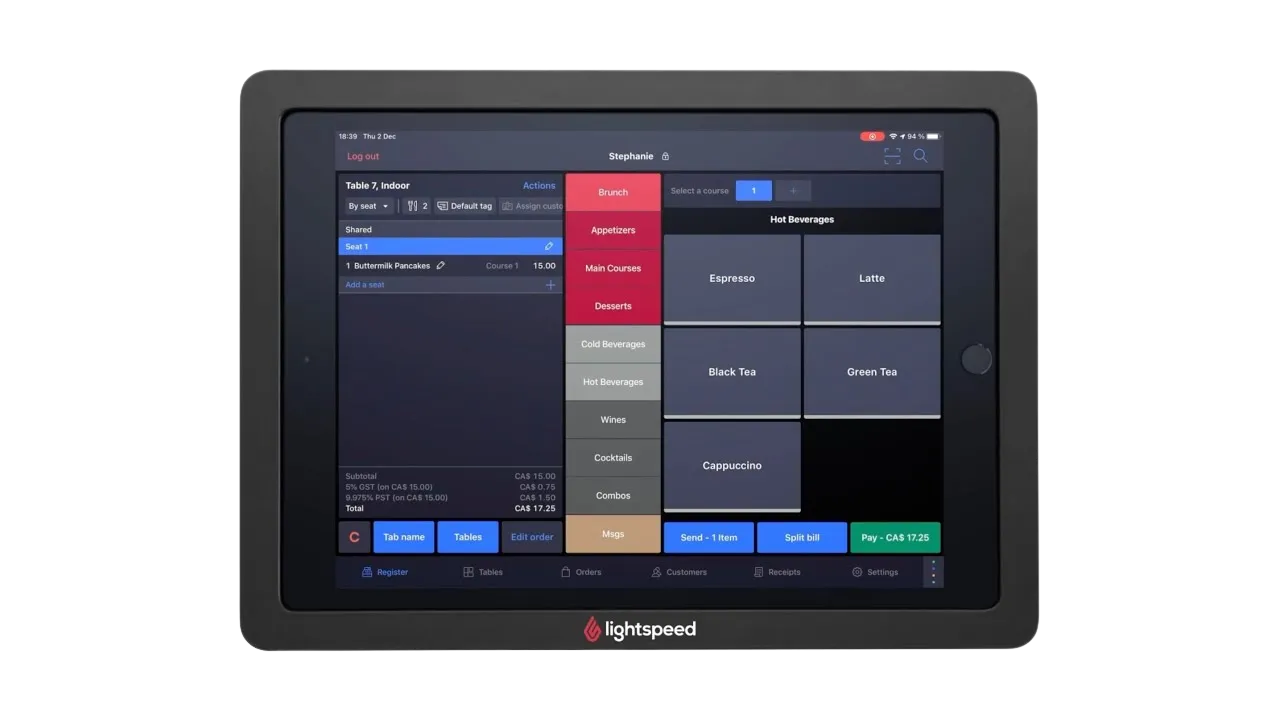 Interface Lightspeed Restaurant sur iPad — logiciel de caisse professionnel pour restauration